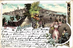 1897 (Vorläufer) Menton, La Ville et Quai, Promenade du Midi / quay, seaside promenade. Carl Garte Art Nouveau, floral, litho (EK)