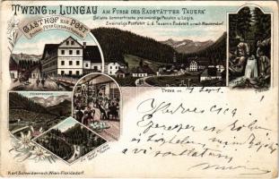 1896 (Vorläufer) Tweng im Lungau, Gasthof zur Post (Besitzer: Peter Genser), Thenfall, Friedhofhöhe, Speisesaal, Am Fusse des Radstätter Tauern. Karl Schwidernoch / hotel and restaurant interior, waterfall. Art Nouveau, floral, litho (EK)