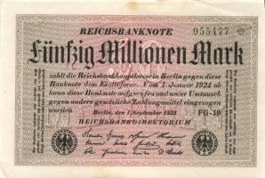 Német Birodalom / Weimari Köztársaság 1923. 50.000.000M (5x) fehér papíron, közte egymás utáni ill. ...