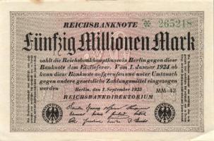 Német Birodalom / Weimari Köztársaság 1923. 50.000.000M (5x) fehér papíron, közte egymás utáni ill. ...