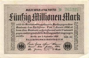 Német Birodalom / Weimari Köztársaság 1923. 50.000.000M (5x) fehér papíron, közte egymás utáni ill. ...