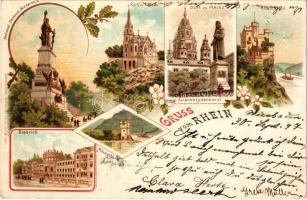 1897 (Vorläufer) Rhein, Rhine; Biebrich, Mäusethurm, National-Denkmal, Niederwald, Rochus Kapelle, Dom zu Mainz, Gutenbergdenkmal, Rheinstein / palace, Mouse Tower, monument, chapel, Mainz Cathedral with Gutenberg statue, castle. Ludwig Feist No. 1001. Art Nouveau, floral, litho (tiny pinholes)