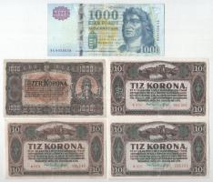9db-os korona, pengő és forint bankjegy tétel, közte 1920. 10K (3x) + 1923. 1000K "Magyar Pénzjegynyomda Rt. Budapest" nyomdahely jelöléssel + 1945. 1.000.000P + 1946. 100.000.000P + 10.000.000MP + 100.000.000MP + 2011. 1000Ft "DA" T:F,VG