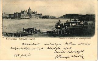 1898 (Vorläufer) Budapest V. Részlet a Dunáról az országházzal, budai rakpart. D. Halberstadt (EK)