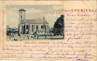 1900 Eperjes, Presov; Római katolikus főtemplom, piac. Kósch Árpád kiadása, Divad / church and market (gyűrődés / crease)