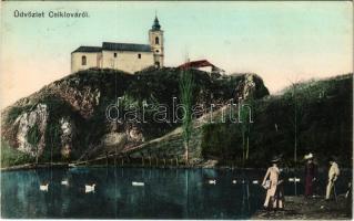 1910 Csiklovabánya, Csiklova, Csiklóbánya, Németcsiklova, Ciclova Montana (Oravica, Oravita); kegytemplom, kiréndulók. Káden József kiadása / pilgrimage church, hikers