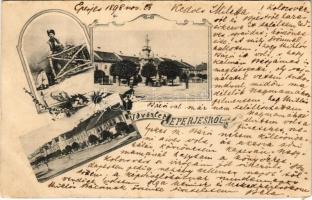 1898 (Vorläufer) Eperjes, Presov; Szentháromság szobor, népviselet, utca / Trinity statue, folklore, main street. Art Nouveau, floral (EB)