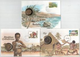 5db-os érmés boríték tétel, mind különféle és német nyelvű tájékoztatóval, benne: Barbados, Közép-Afrikai Köztársaság, Fidzsi, Kajmán-szigetek, Csád