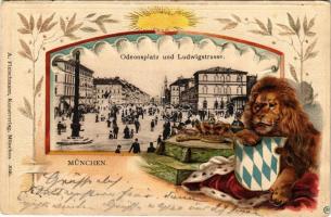 1901 München, Munich; Odeonsplatz und Ludwigstrasse. A. Fleischmann Art Nouveau, embossed litho