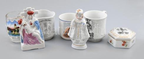 7 darabos antik kegytárgy tétel, bögre, bonbonier, szobor, zömmel Máriabesnyő és Máriavölgy. Kopással, m: 10 cm alatt