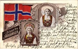 1899 (Vorläufer) Hardanger, Brud, kone / Norwegian flag and folklore: bride and wife.Art Nouveau, floral (wet damage)