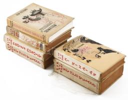 Lin Yutang 6 kötete: Fehérek és színesek; Méz és bors; Mi kínaiak; A bölcs mosoly; Egy múló pillanat I-II. köt. Bp., 1943-1947, Révai. Kiadói félvászon- / egészvászon-kötés, változó állapotban, a hatból öt kötet kiadói illusztrált műanyag védőborítóval (a védőborítók sérültek, hiányosak).