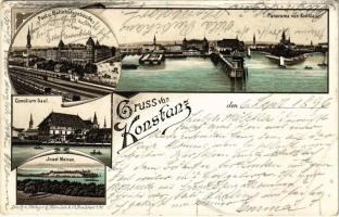 1896 (Vorläufer) Konstanz, Post und Bahnhofsgebäude, Concilium Saal, Insel Mainau / railway station, island. G. Blümlein &amp; Co. Art Nouveau, floral, litho (EB)