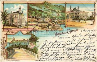 1897 (Vorläufer) Monte Carlo, Le Theatre, Le Casino, Vue generale, Les Terrasses / casino, theatre, terraces. Art Nouveau, floral, litho (small tear)