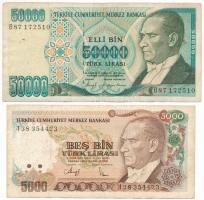 Törökország DN (1990) 5000L + DN (1989-1994) 50.000L T:F,VG folt, tűly. Turkey ND (1990) 5000 Lira + ND (1989-1994) 50.000 Lira C:F,VG spot, pin holes