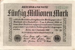 Német Birodalom / Weimari Köztársaság 1923. 50.000.000M (3x) fehér papíron, "Gitter mit 8" vízjellel, közeli ill. egymás utáni sorszámokkal T:I,I-