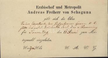 cca 1860 Meghívó Andreas Freiherr megyéspüspök vacsorájára Wilhelm Ramming tábornoknak / Invitation card for bishop and metropolit von Andreas Freiherr von Schaguna`s dinner 18x10 cm