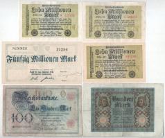 Német Birodalom / Weimari Köztársaság 1898. 100M + 1920. 100M + 1923. 10.000.000M (3x) + 50.000.000M T:F,VG szakadás, kis anyaghiány, közte egy AU German Empire / Weimar Republic 1898. 100 Mark + 1920. 100 Mark + 1923. 10.000.000 Mark (3x) + 50.000.000 Mark C:F,VG tear, small material error, one AU in it
