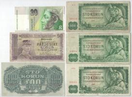 Csehszlovákia 1944. 100K + DN (1945-1948) 50K + 1961. 100K (3x) + Szlovákia 2004. 20K T:F,VG közte szép papír, szakadás Czechoslovakia 1944. 100 Korun + ND (1945-1948) 50 Korun + 1961. 100 Korun (3x) + Slovakia 2004. 20 Korun C:F,VG with fine paper, tear in it
