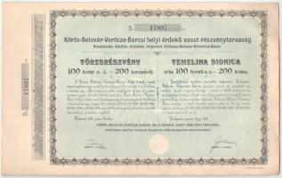 Budapest 1912. Kőrös-Belovár-Verőcze-Barcsi helyi érdekű vasút részvénytársaság törzsrészvénye 200K-ról, szelvényekkel, vízjeles papíron T:AU / Hungary / Budapest 1912. Kőrös-Belovár-Verőcze-Barcs Local Interest Railway Limited Company share about 200 Korona with coupons, on watermarked paper C:AU