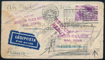 1937 Légi levél Budapestről Franciaországba, majd onnan továbbküldve New Yorkba / Airmail cover from Budapest to France, redirected to New York