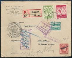 1935 Ajánlott levél 3 bélyeggel New Yorkba, megvámolva 10c portóval / Registered cover to New York, with 10c customs duty