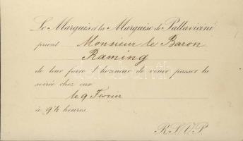 cca 1860 Meghívó Pallavicini márkiék  vacsorájára Wilhelm Ramming tábornoknak / Invitation card for Marquis Pallavicini`s dinner 15x9 cm