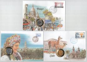 5db-os érmés boríték tétel, mind különféle és német nyelvű tájékoztatóval, benne: Franciaország, Ukrajna, Chile, Dánia, Szent Lucia