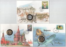 5db-os érmés boríték tétel, mind különféle és német nyelvű tájékoztatóval, benne: Algéria, Szovjetunió, Bahamák, Alderney, Bahrein