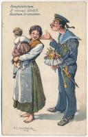 1917 Névnapi üdvözlő / K.u.K. Kriegsmarine Matrose / Name Day greeting card / Austro-Hungarian Navy mariner humour art postcard. . C. Fano, Pola 1914/15. 17. s: Ed. Dworak + "BRIEFZENSUR der K.u.k. Seeflugstation Pola" (kopott sarkak / worn corners)