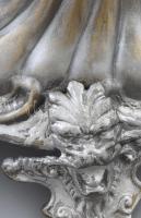 Antik fém asztalközép kínáló, formába fújt üveg tányérokkal és flőtével, oroszlánmaszkos lábakon, új...