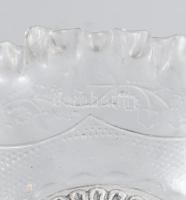 Antik fém asztalközép kínáló, formába fújt üveg tányérokkal és flőtével, oroszlánmaszkos lábakon, új...