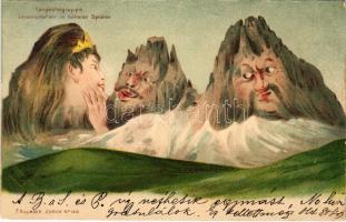 1899 (Vorläufer) Gruppo del Sassolungo (Südtirol), Langkofelgruppe, Leidenschaften in höheren Sphären / Langkofel Group, humour. F. Killinger No 140. litho (EK)