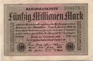 Német Birodalom / Weimari Köztársaság 1923. 50.000.000M (5x) fehér papíron, "Gitter mit 8"...
