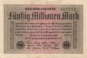 Német Birodalom / Weimari Köztársaság 1923. 50.000.000M (5x) fehér papíron, "Gitter mit 8"...