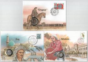 5db-os érmés boríték tétel, mind különféle és német nyelvű tájékoztatóval, benne: Uruguay, Irak, Moldova, Palesztin Hatóság, Réunion