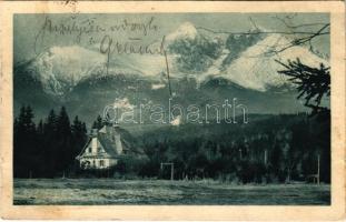 1925 Tátralomnic, Tatranská Lomnica (Tátra, Magas-Tátra, Vysoké Tatry); Villa Tulipán és a Lomnici-csúcs / Vila Tulipán v pozadí Lomnicky stít / villa, mountain peak (felületi sérülés / surface damage)