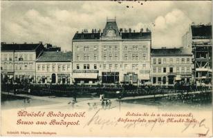 1899 (Vorläufer) Budapest VII. István tér, Vásárcsarnok, Fuchs Ede, Hoffmann Albert, Herzfelder Lajos, Klein József és Bloch Salamon üzlete, kávé és tejcsarnok, Laufer József bor és sörháza (ma Klauzál tér)