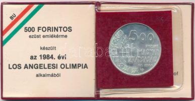 1984. 500Ft Ag "Nyári Olimpiai Játékok - Los Angeles" eredeti műbőr tokban, tanúsítvánnyal T:BU ujjlenyomat, kis patina Adamo EM79
