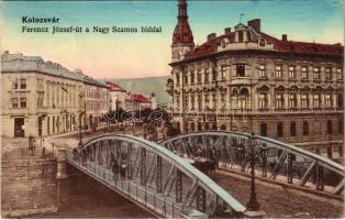 Kolozsvár, Cluj; Ferenc József utca, híd, Fesztinger Dávid lisztraktára, Rajtik János üzlete, zsinagóga. Weiszfeiler Sándor kiadása / street, bridge, shops, synagogue