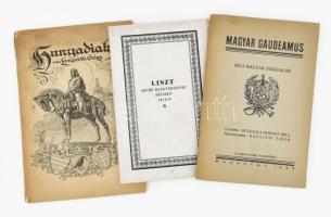 3 db régi füzet: Lampérth Géza: Hunyadiak. Bp., é.n., Magyar Lap- és Könyvkiadó Rt. Kiadói tűzött papírkötés, kissé sérült, koszos borítóval. + Magyar Gaudeamus. Régi magyar diákdalok. Bp., 1932, MEFHOSZ. Kiadói tűzött papírkötés. + Liszt árvízi hangversenyei Bécsben 1838/9. Bp., 1941, k.n. Kiadói papírkötés, felvágatlan példány, ajándékozási bejegyzéssel.