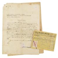 1944 Újpest, légi bombázás miatt használhatatlanná vált épület helyreállításához építőanyag utalvány Újpest polgármesterétől. valamint vitéz Halassy Mátyás építési anyag nagykereskedő és Rapi János üveges kézzel írt számlái.