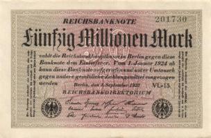 Német Birodalom / Weimari Köztársaság 1923. 50.000.000M (3x) fehér papíron, egymás utáni sorszámokka...