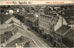 1911 Miskolc, Látkép a Széchenyi utcával, Szántó M. és Társa, Neumann M., Garai József, Weisz Vilmos üzlete, villamos. Fodor Zoltán kiadása