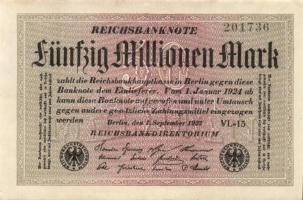 Német Birodalom / Weimari Köztársaság 1923. 50.000.000M (3x) fehér papíron, egymás utáni ill. kis ug...