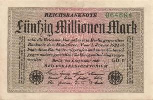 Német Birodalom / Weimari Köztársaság 1923. 50.000.000M (2x) fehér papíron, Gitter mit 8 vízjellel, kis ugrású sorszámokkal T:I-