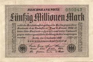 Német Birodalom / Weimari Köztársaság 1923. 50.000.000M (4x) fehér papíron, Sterne mit einem S darin vízjellel, egymás utáni ill. kis ugrású sorszámokkal T:II+