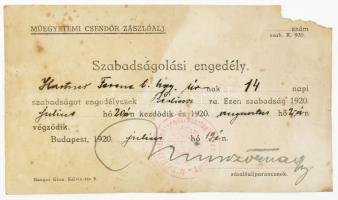 1920 Műegyetemi csendőr zászlóalj szabadságolási engedély sérült