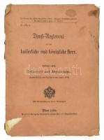 1890 (Szolgálati szabályzat a gyalogság és vadászegységek részére) Dienstl Reglement für das kaiserliche und königliche Heer. Dritter Teil. Infanterie und Jägertruppe. Wien, 1890. 106p. Kissé sérült papírborítóval