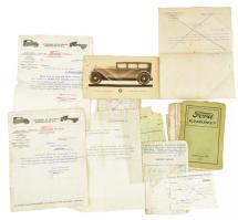 cca 1930 Ford autóval kapcsolatos nyomtatványok: Ford kézikönyv (hiányos), szerviz és benzin számlák
